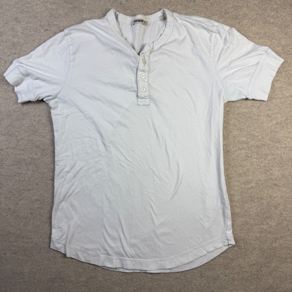 Buck Mason Mens Short Sleeve Henley Shirt Light Blue Curved Hem XS